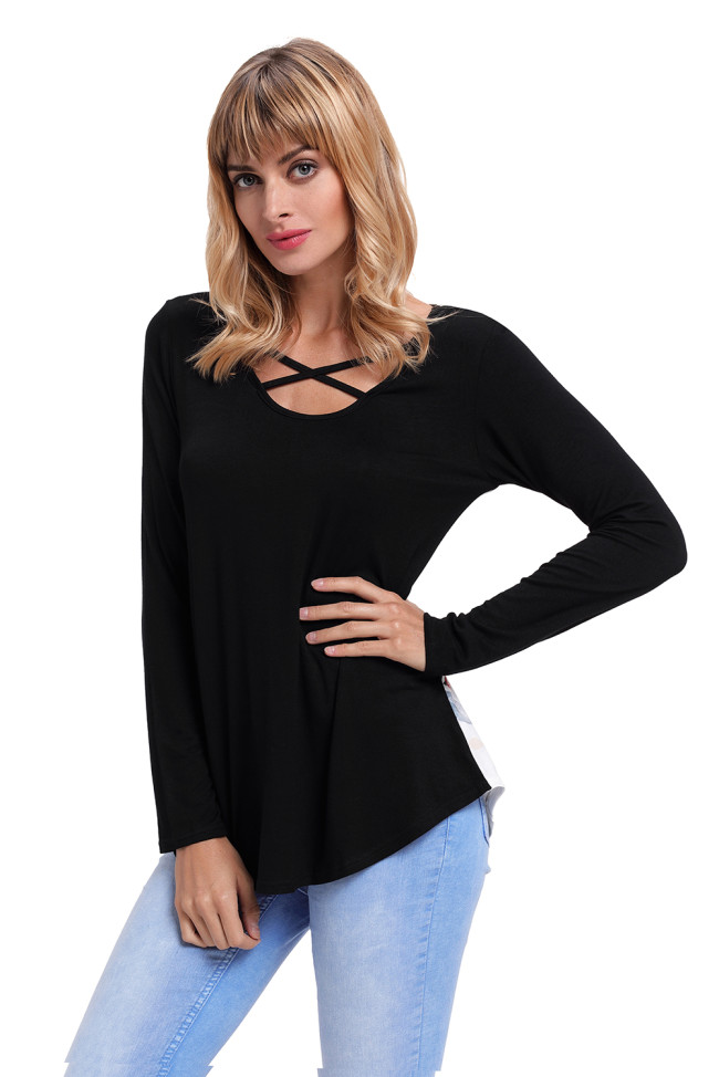 Black Crisscross Neck Floral Back Long Sleeve Top