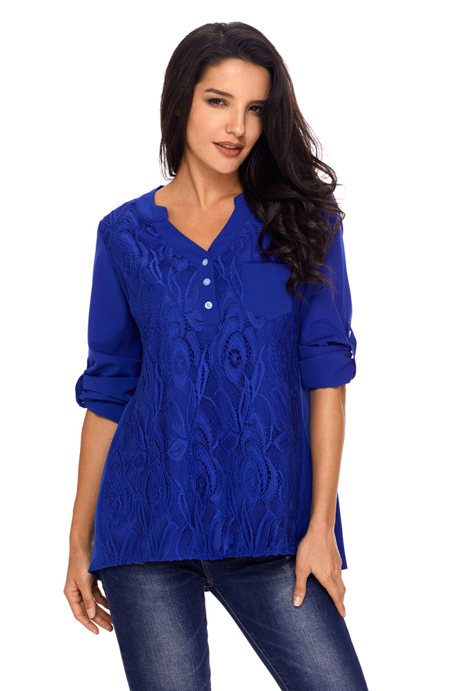 Blue Lace Panel Split Neck Roll Tab Sleeve Blouse
