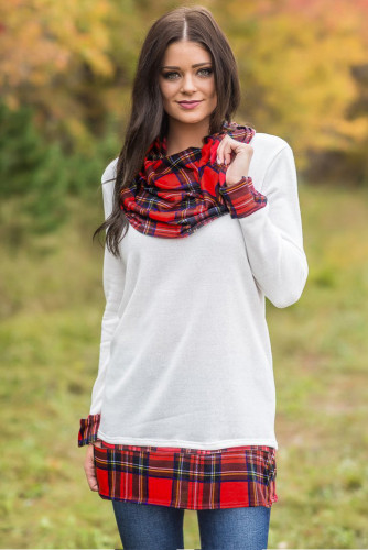 White Autumn Wind Plaid Cowl Neck Tunic