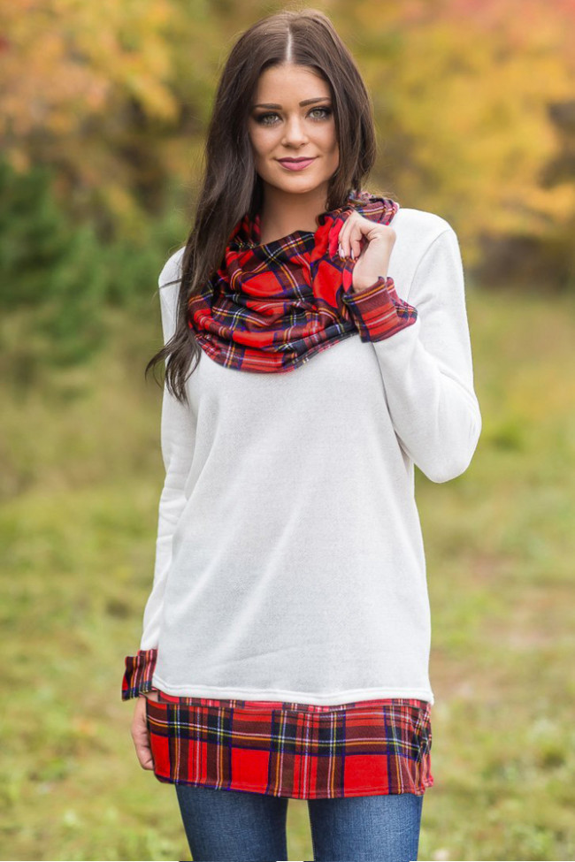 White Autumn Wind Plaid Cowl Neck Tunic