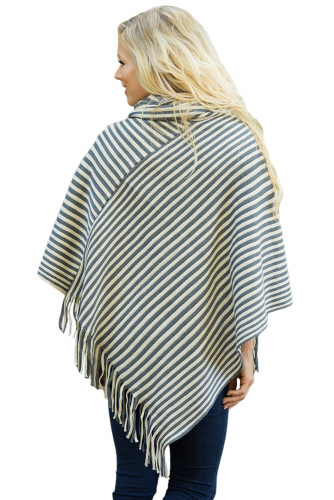 Gray White Stripes Cowl Neck Poncho Sweater
