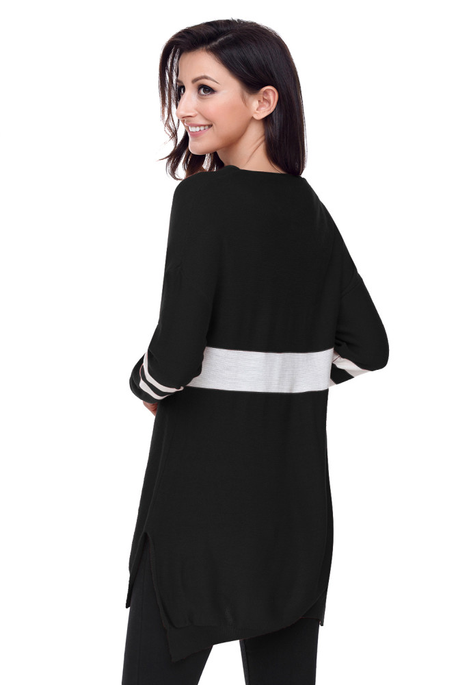 White Strip Black V Neck Sweater