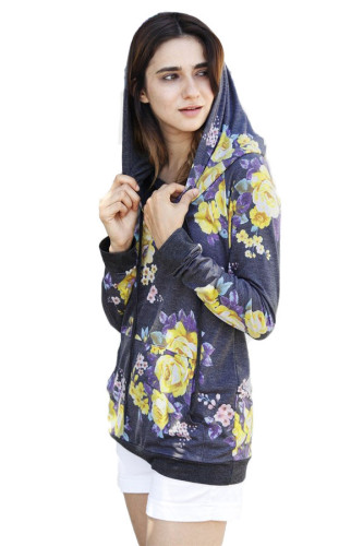 Charcoal Yellow Floral Drawstring Hoodie