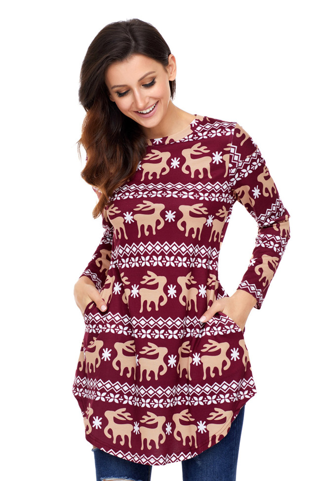 Burgundy Geometric Snowflake Christmas Reindeer Blouse
