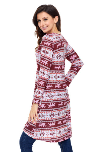 Geometric Snowflake Burgundy Long Sleeve Christmas Dress