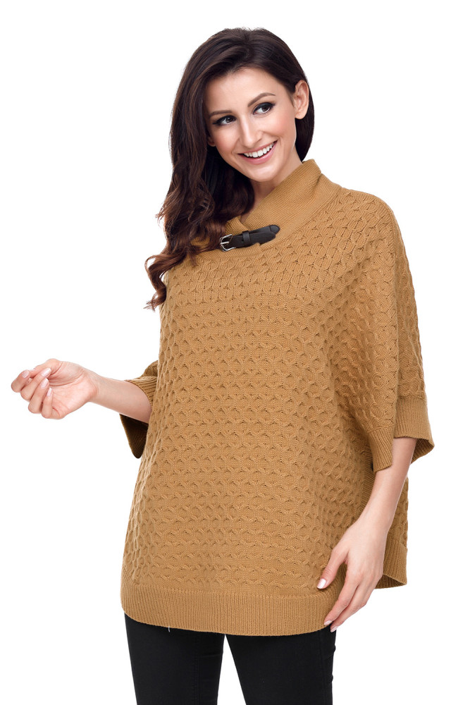 Khaki High Neck Waffle Knit Poncho