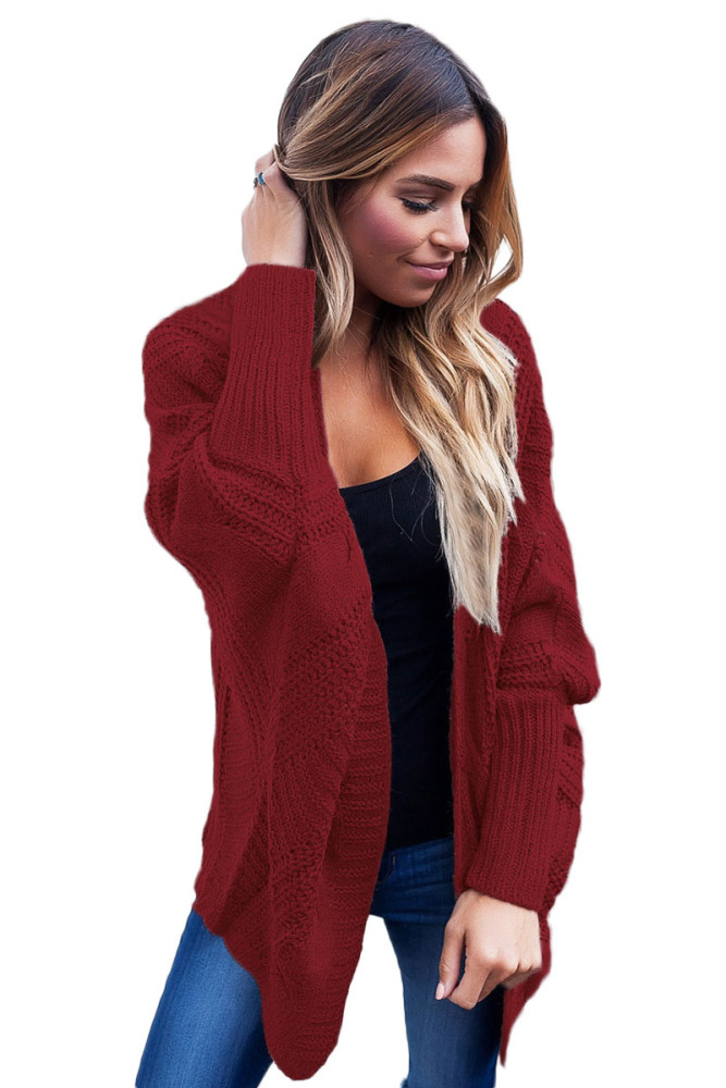 Burgundy Ribbed Cuffs Dolman Sleeved Cardigan