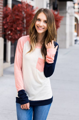 Coral Navy Splice White Long Sleeve Top