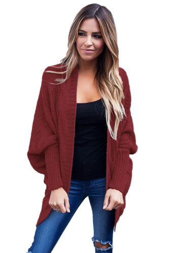 Burgundy Ribbed Cuffs Dolman Sleeved Cardigan
