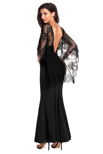 Black V Cut Open Back Lace Cape Sleeve Maxi Poncho Dress