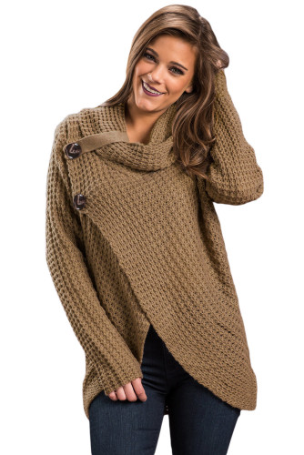 Khaki Buttoned Wrap Cowl Neck Sweater