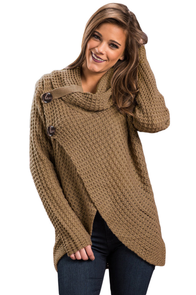 Khaki Buttoned Wrap Cowl Neck Sweater