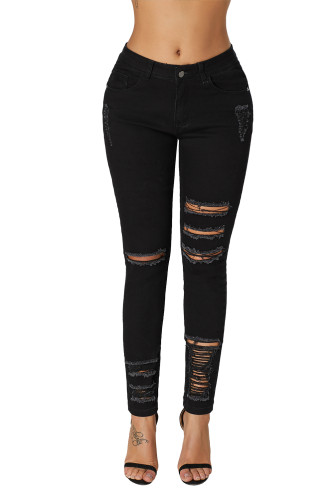 Black Denim Destroyed Ankle Length Skinny Jeans
