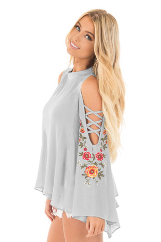 Gray Embroidered Crisscross Bell Sleeve Blouse