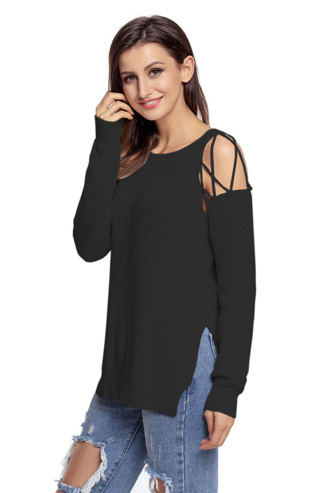 Black Lace up Shoulder Sweater