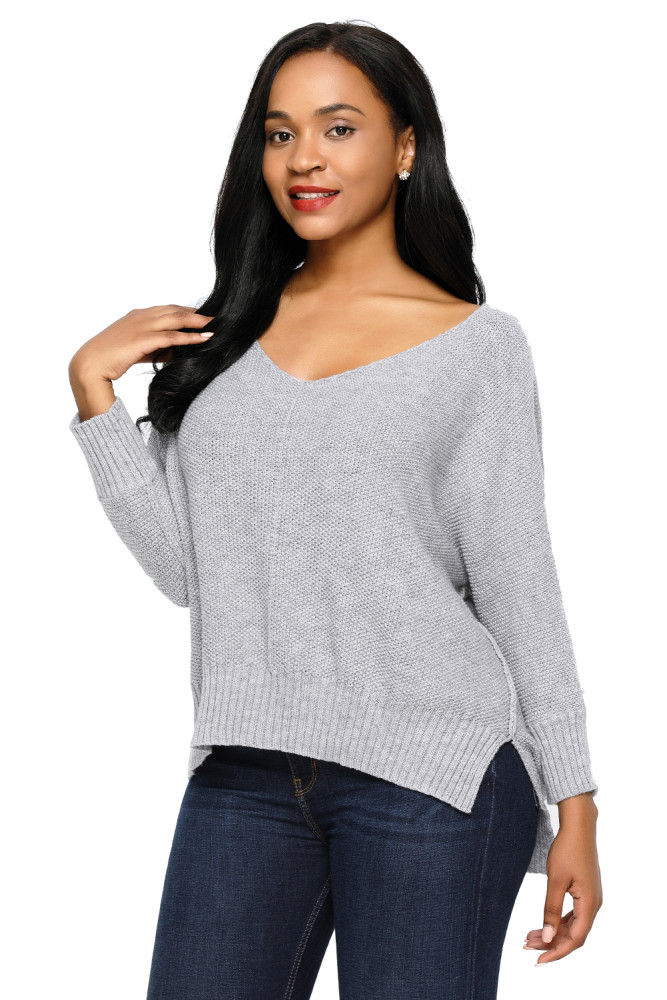 Gray Oversized Knit High-low Slit Side Sweater