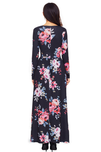 Black Floral Surplice Long Sleeve Maxi Boho Dress