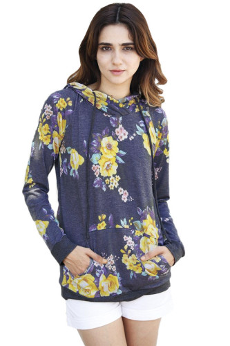 Charcoal Yellow Floral Drawstring Hoodie