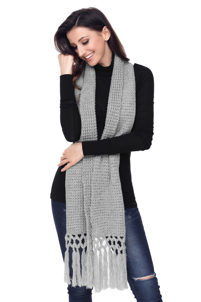 Gray Cozy Chunky Knit Tassel Scarf