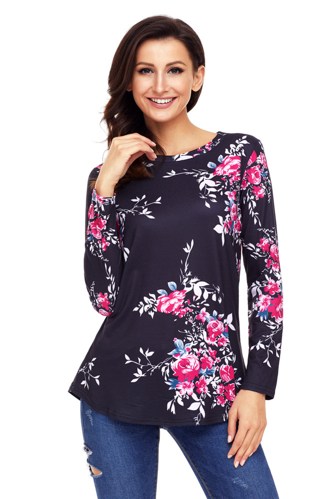 Black Long Sleeve Floral Autumn Womens Top