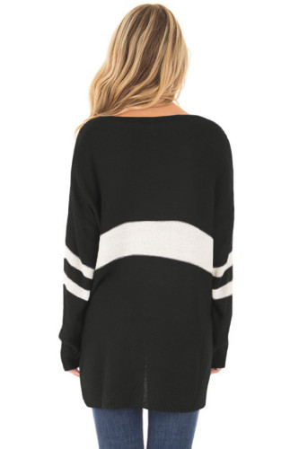 White Strip Black V Neck Sweater