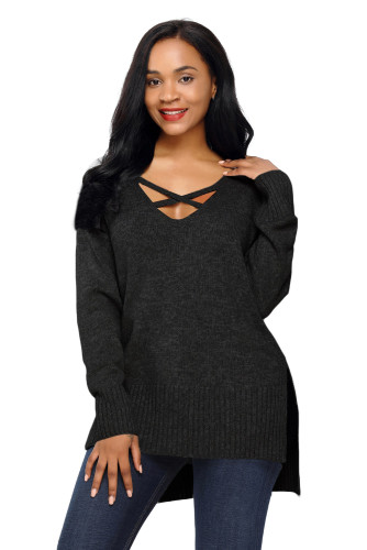 Black Deep V Neck Crisscross Knit Sweater