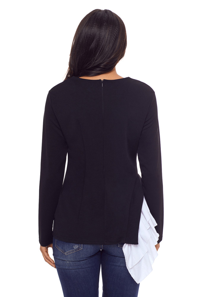 Black Square Neckline Ruched Long Sleeve Blouse