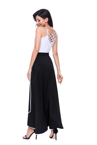 Black Piped Button Embellished High Waist Maxi Skirt