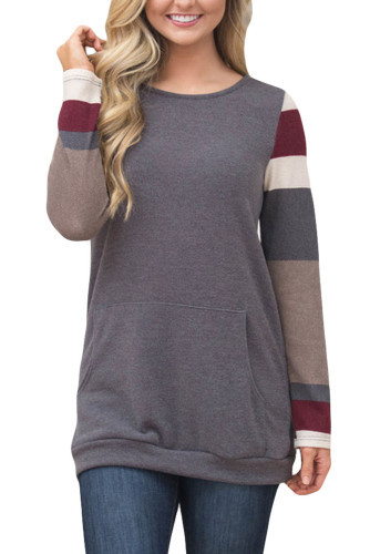 Multicolor Stripes Sleeve Pullover Light Gray Sweatshirt
