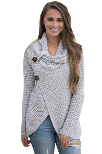 Grey Buttoned Wrap Cowl Neck Sweater