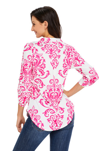Rosy Damask Print Slight Collar V Neck Blouse