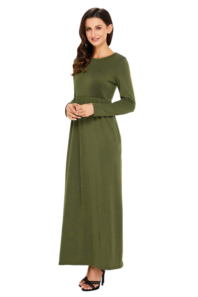 Olive Long Sleeve High Waist Maxi Jersey Dress