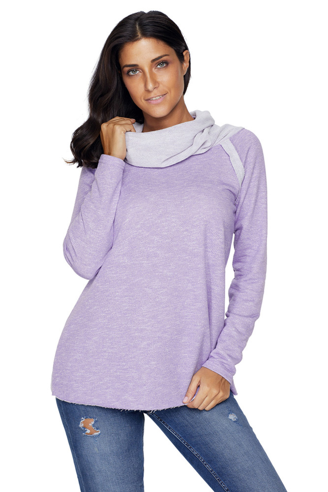 Violet Raw Edge Cowl Neck Pullover Sweatshirt