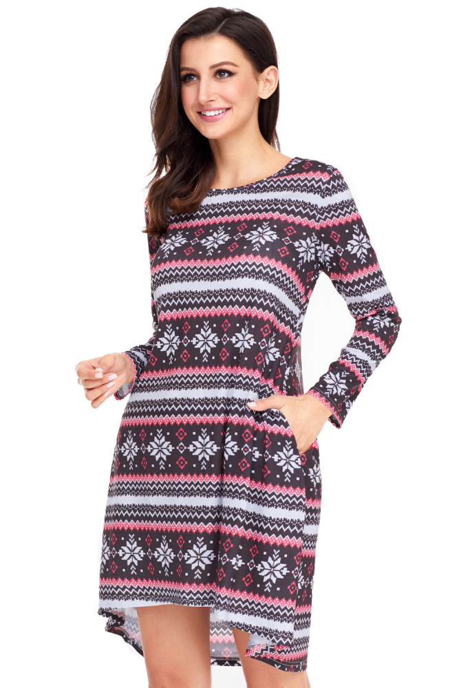 Geometric Snowflake Black Red Long Sleeve Christmas Dress