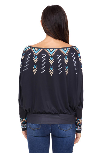 Black Printed Puff Sleeve Skew Neck Blouse
