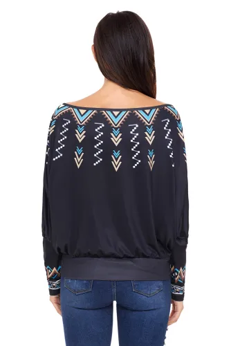 Black Printed Puff Sleeve Skew Neck Blouse