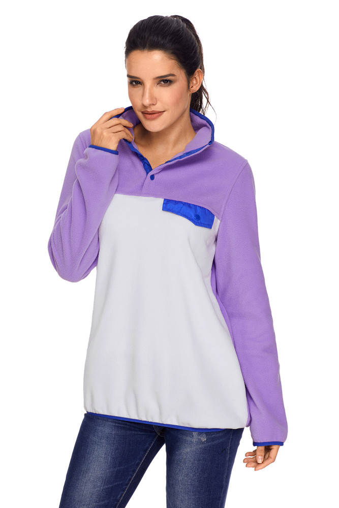 Purple Stand Collar Buttons Fleece Pullover Top