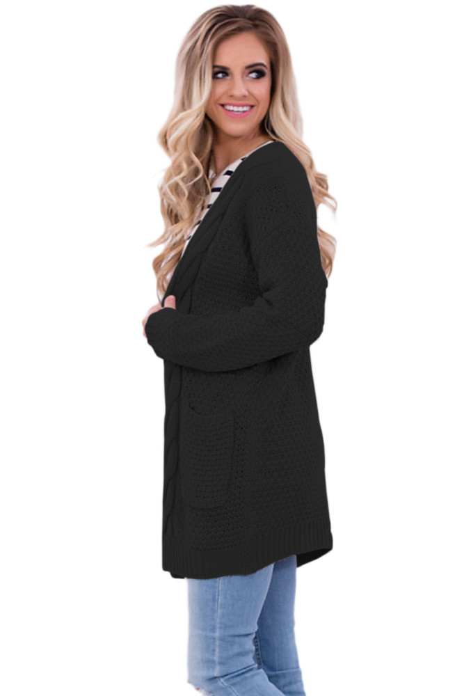 Black Long Open Front Pocket Cardigan