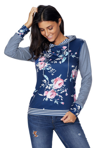 Navy Pinstripe Accent Floral Print Drawstring Hoodie
