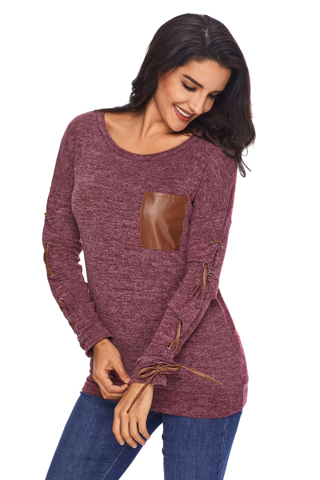 Wine Lace up Sleeve Front Pocket Womens Casual Sweatshirt