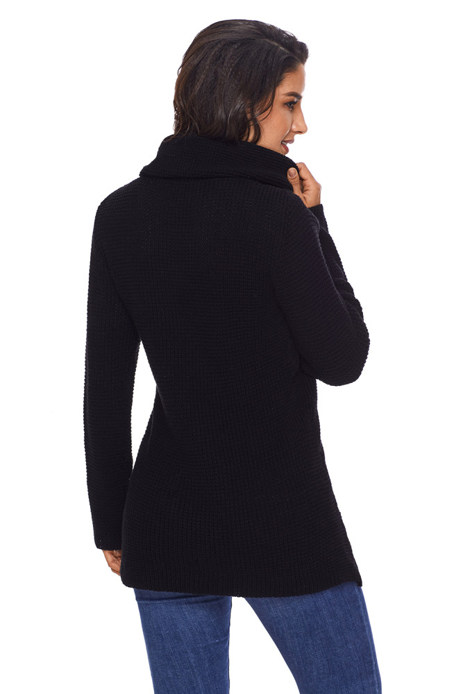 Black Buttoned Wrap Cowl Neck Sweater