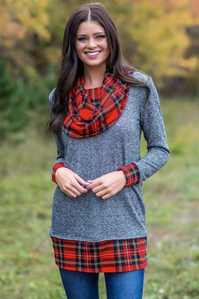 Gray Autumn Wind Plaid Cowl Neck Tunic