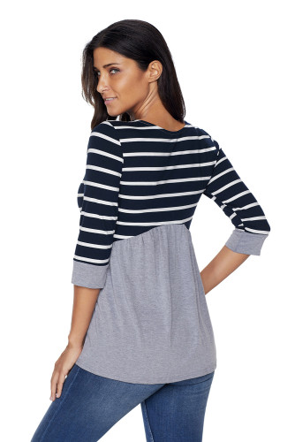 Striped Spliced Gray Contrast 3/4 Sleeve Blouse