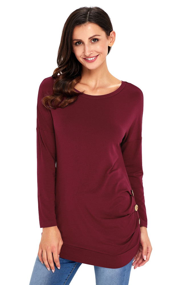 Claret Buttoned Side Long Sleeve Spring Autumn Womens Top