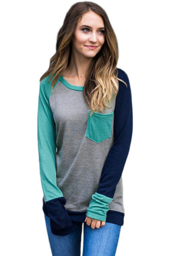 Green Navy Splice Gray Long Sleeve Top