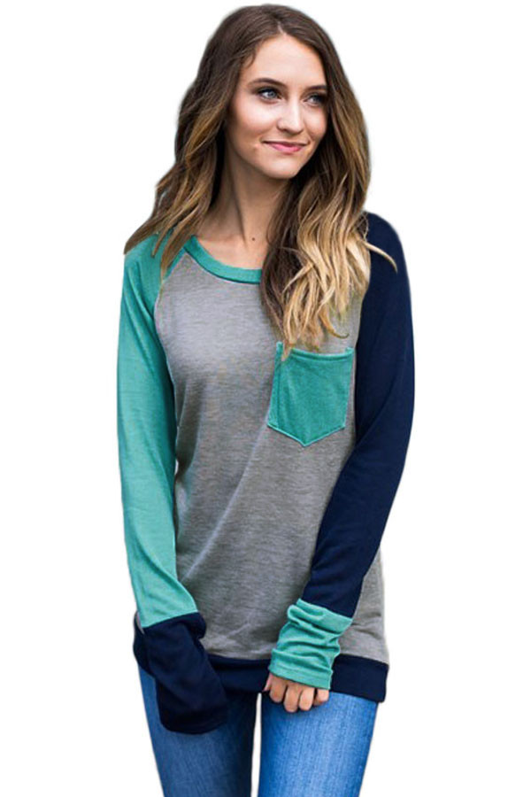 Green Navy Splice Gray Long Sleeve Top