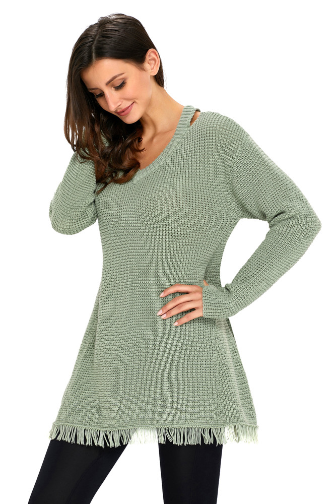 Green V Neck Waffle Knit Sweater