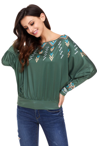 Green Printed Batwing Sleeve Skew Neck Blouse