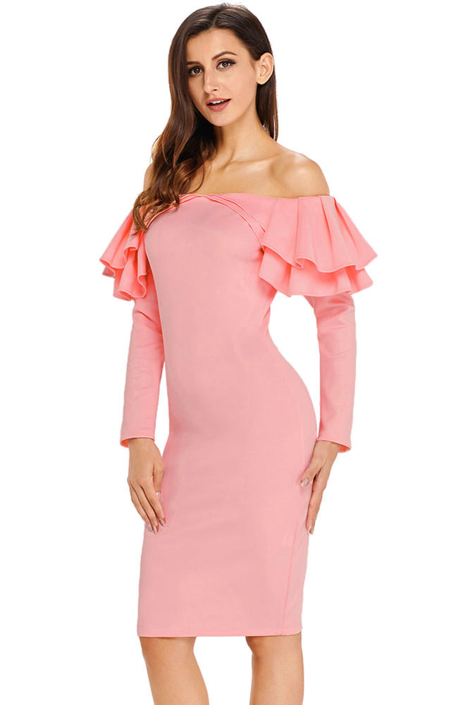 Pink Ruffle Off The Shoulder Long Sleeve Bodycon Dress