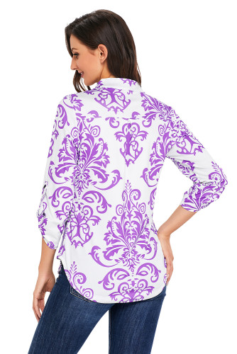 Purple Damask Print Slight Collar V Neck Blouse